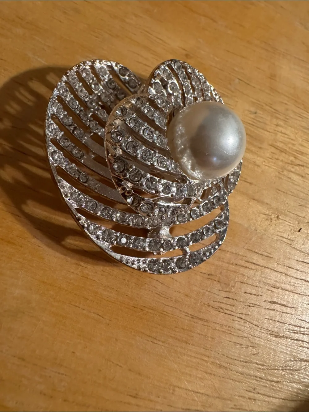 Statement Chunky Silver Tone faux Pearl Rhinestone Brooch